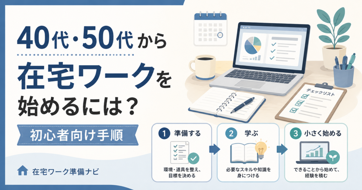 40代・50代の初心者が在宅ワークを始める手順を、準備・学習・小さな実践の流れで示したアイキャッチ画像