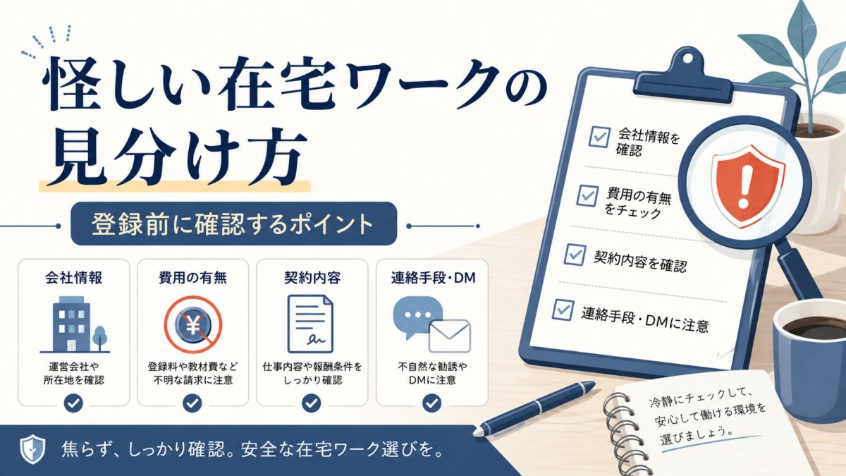 怪しい在宅ワークを避けるために、会社情報・費用・契約内容・連絡手段を登録前に確認するチェックリスト風アイキャッチ画像