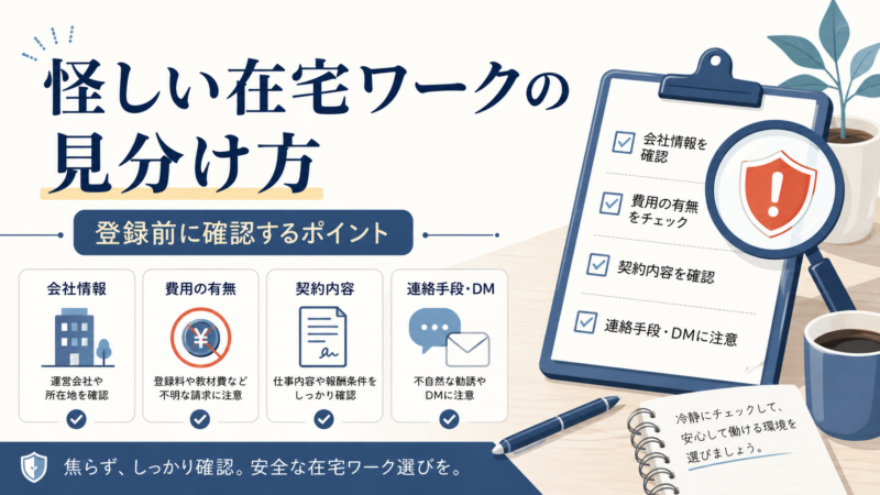 怪しい在宅ワークを避けるために、会社情報・費用・契約内容・連絡手段を登録前に確認するチェックリスト風アイキャッチ画像