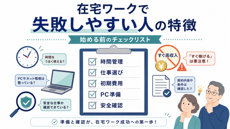 在宅ワークで失敗しやすい人の特徴として、時間管理・仕事選び・初期費用・パソコン準備・安全確認を整理したチェックリスト風アイキャッチ画像