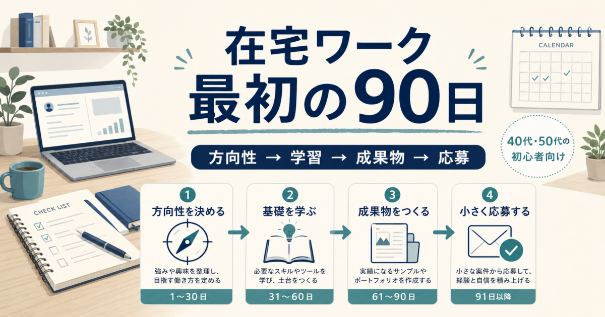 在宅ワーク初心者が最初の90日で行う、方向性決め・基礎学習・成果物作成・小さな応募の流れを示したアイキャッチ画像