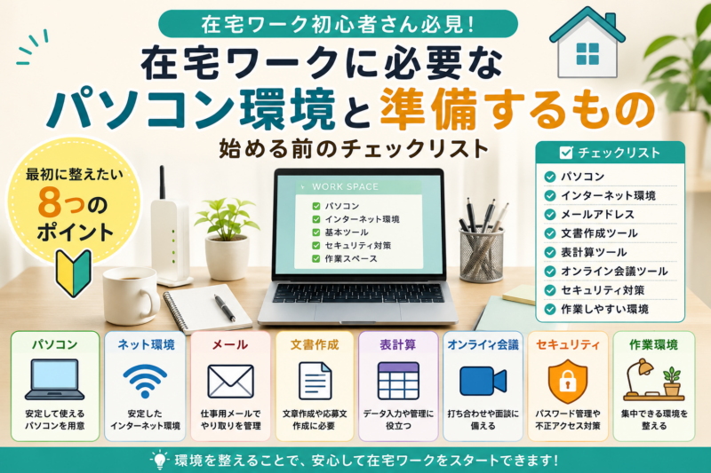 在宅ワーク初心者に必要なパソコン、インターネット環境、メール、文書作成、表計算、オンライン会議、セキュリティ、作業環境を整理したイラスト風アイキャッチ画像
