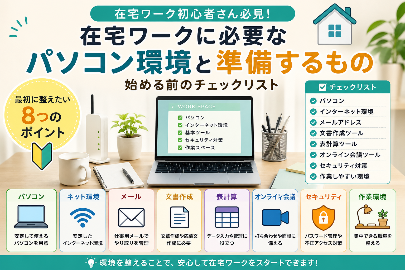 在宅ワーク初心者に必要なパソコン、インターネット環境、メール、文書作成、表計算、オンライン会議、セキュリティ、作業環境を整理したイラスト風アイキャッチ画像