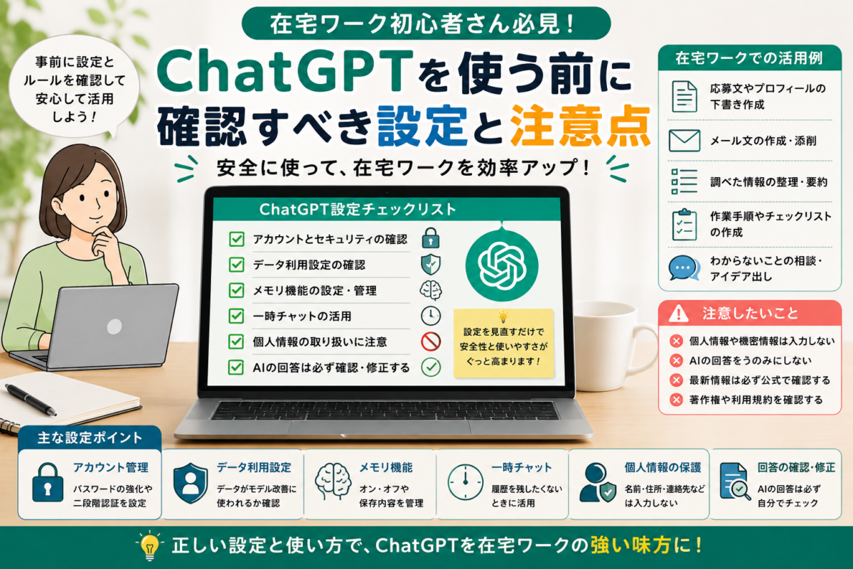 在宅ワーク初心者がChatGPTを使う前に、アカウント管理・データ利用設定・メモリ機能・一時チャット・個人情報保護・回答確認の注意点を整理したイラスト風アイキャッチ画像
