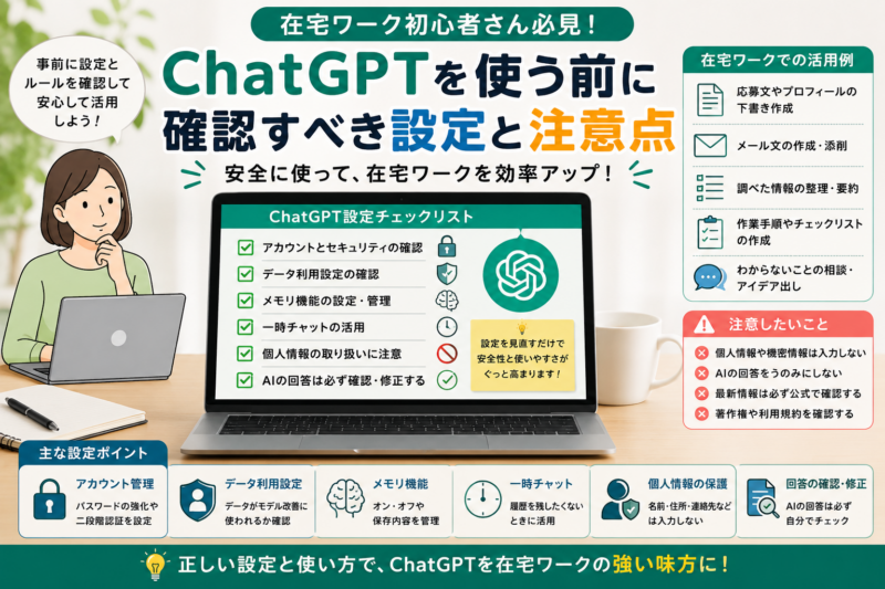 在宅ワーク初心者がChatGPTを使う前に、アカウント管理・データ利用設定・メモリ機能・一時チャット・個人情報保護・回答確認の注意点を整理したイラスト風アイキャッチ画像