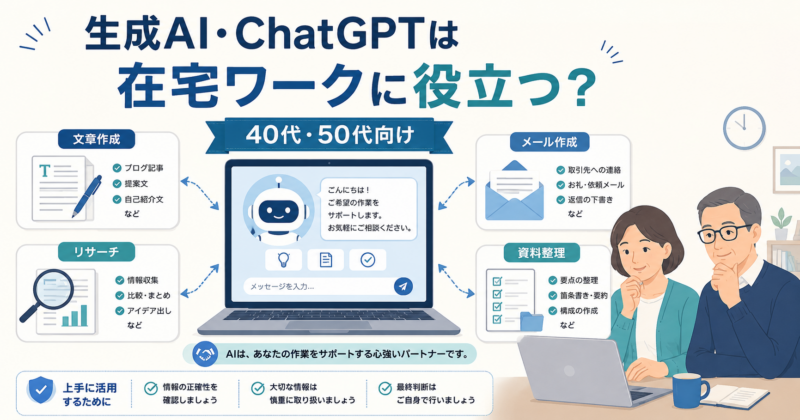生成AI・ChatGPTが在宅ワークで文章作成、リサーチ、メール作成、資料整理をサポートする場面を示した図解