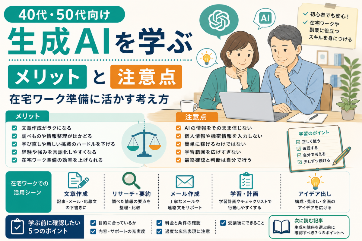 40代・50代向けに、生成AIを学ぶメリットと注意点をまとめたイラスト図解。