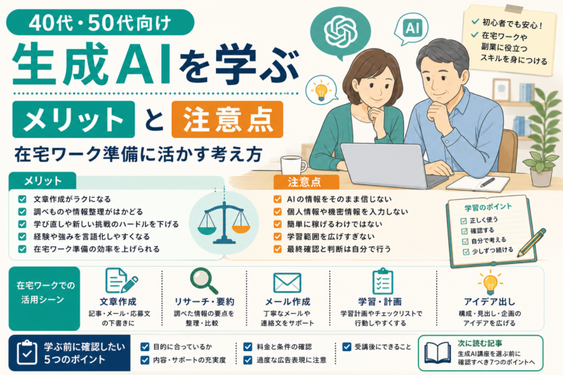40代・50代向けに、生成AIを学ぶメリットと注意点をまとめたイラスト図解。