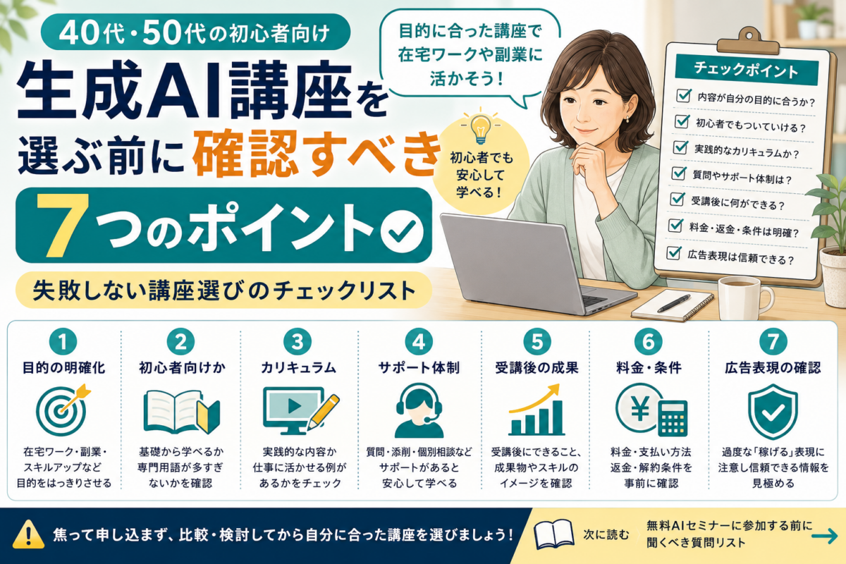 生成AI講座を選ぶ前に確認すべき7つのポイントを、パソコンを見る40代・50代の女性とチェックリストで表したイラスト風のアイキャッチ画像