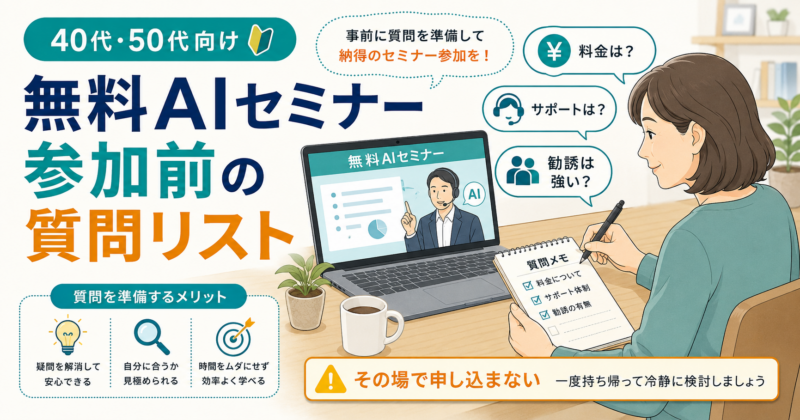 無料AIセミナーに参加する前に確認したい質問項目を、チェックリスト形式で整理したイラスト風アイキャッチ画像