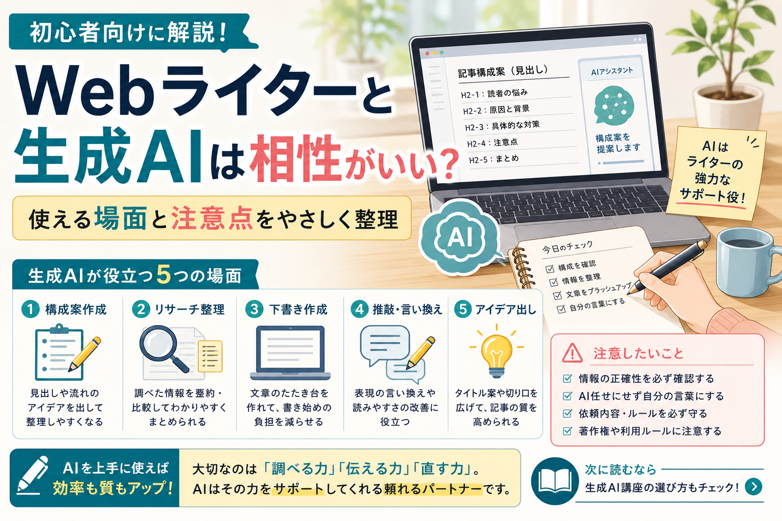 Webライター初心者が生成AIを使って、記事構成・リサーチ整理・下書き作成・推敲を進める流れを示したイラスト風アイキャッチ画像